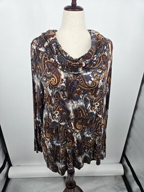 intro. Paisley Cowl Neck Sweater Tunic in Brown, Navy & Cream 2X NWOT